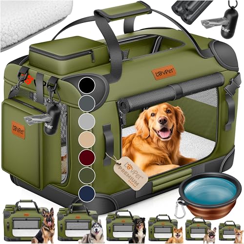 Lovpet® - Trasportino per cani e gatti, XXL 91,4 x 63,5 x 63,5 cm, borsa per il trasporto di animali domestici, pieghevole, con ciotola e tracolla, cachi
