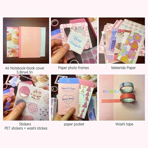 Image of VOTDOT (346Pcs) Paper Junk Journal & Scrapbook Kit, Scrapbooking Supplies Kit with Creative Decor Journaling Supplies, Stationery, Stickers, A6 Grid Notebook with Graph Ruled Page Gift for Girl (Pink)