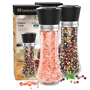 LG Luxury & Grace Set 2 Peper-, Zout-, Kruidenmolens, 180 ml (19×6,5 cm). Hoogwaardig Glas, ABS Kunststof Sluiting en…