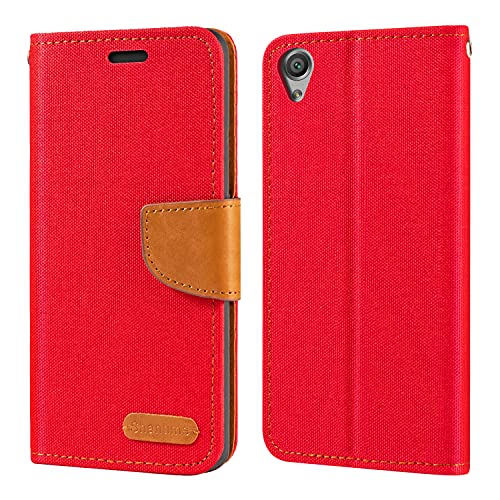 Étui Portefeuille en Tissu Oxford et Cuir PU Compatible avec Sony Xperia X F5121, Coque Robuste avec Rabat Magnétique et Fentes Cartes (Rouge)
