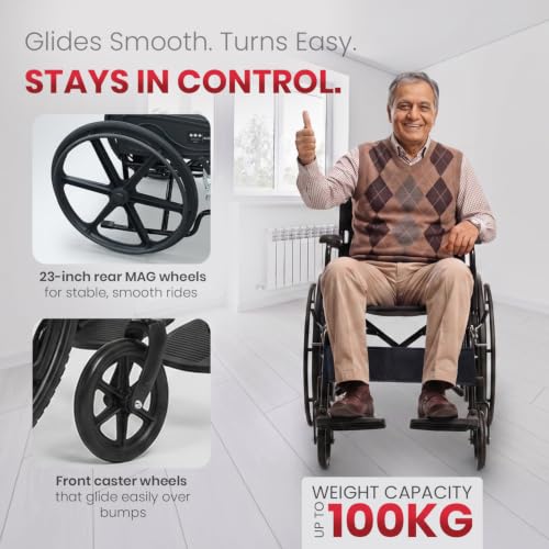 Image of AGEasy (Max Group) Foldable Wheelchair with Safety Seat Belt, Padded Armrests, Footrest & Adjustable Calf Support, 100 kg Capacity | Self-Propelled & Attendant Use | Easy to Move for Indoor & Outdoor Use | Elderly & Patient Care