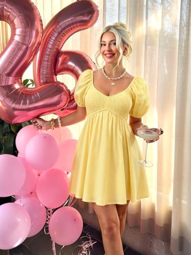 Image of Womens Babydoll Dress 2026 Summer Casual Puff Sleeve V Neck Cute Boho Smocked Flowy Short Sundress Beach Mini Dresses