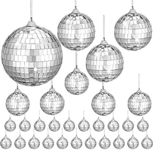 HAUTZADO 30 Pcs Silver Hanging Disco Ball with Rope Small Mirror Reflective Disco Ball Decor Christmas Tree Ornaments for Wedding Party WABA(3.15/2.36/1.57/0.79 Inches)