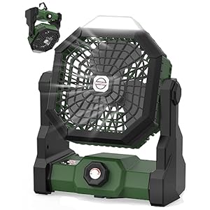 Joneytech Desk Fan,3 Speeds Camping Table Fan 10400mAh Rechargeable Battery Operated Tent Fan with Hanging Hook, LED Light for Picnic, Barbecue, Fishing, Travel Home and Office Table Fan (Green)…