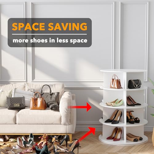 SpaceAid 4 Tier Rotating Shoe Rack Tower, Spinning Shoe Display Lazy Susan, Revolving 360 Shoe Rack Storage Round Carousel, Vertical Handbag Rotate Shoes Closet Organization (4-Tier White) by SpaceAid - Image 2