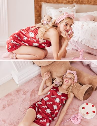 Image of Ekouaer Satin Pajamas Women Lace Sleepwear Lingerie Cami Shorts Set Nightwear XS-XXL