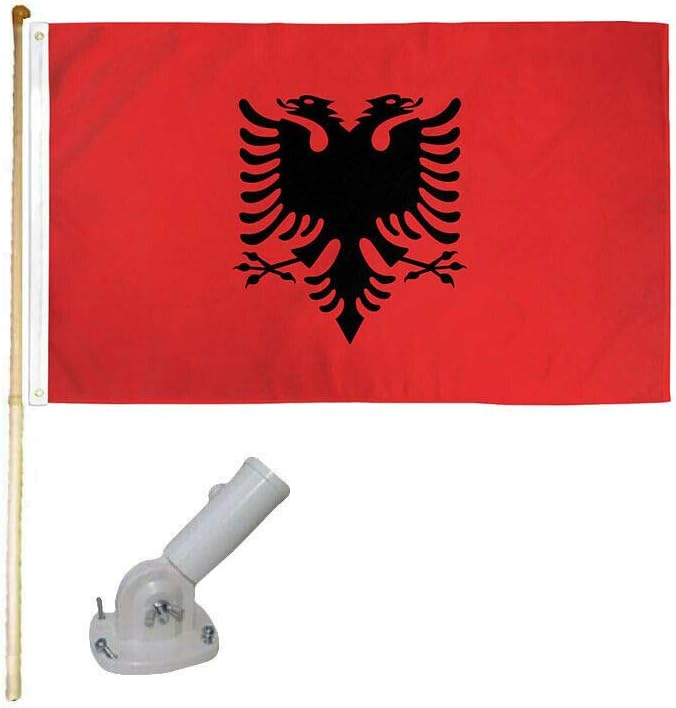 5' Wooden Flag Pole Kit W/Nylon White Bracket & 3x5 Albania Country Poly Flag