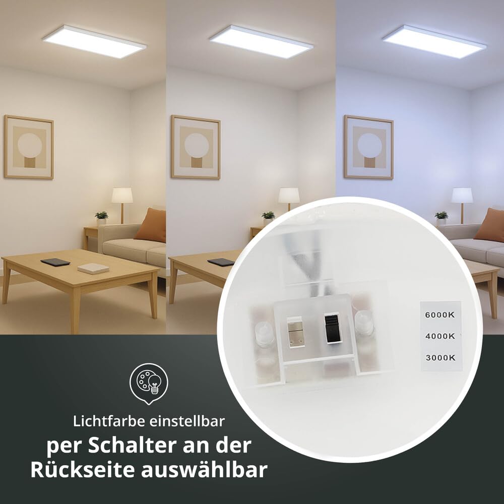 Pannello LED da soffitto e da parete, bianco, rettangolare, 60 x 30 cm, 3CCT 3000/4000/6000 K tramite interruttore DIP, 2400 lm, 24 W, senza sfarfallio, alimentatore integrato, IP20, L600 x 300 x 300