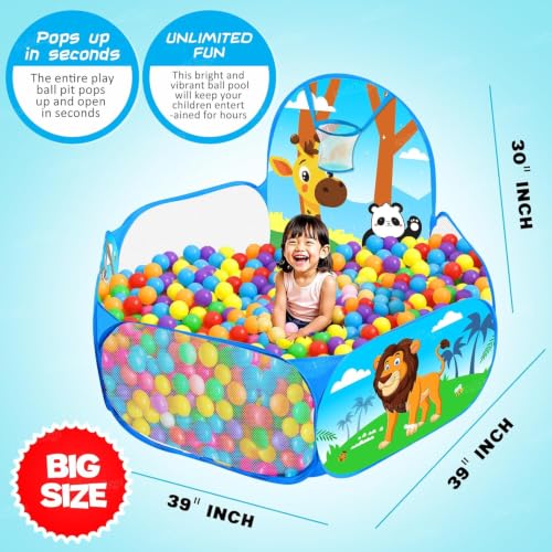 Image of Zest 4 Toyz Ball Pool for Kids Play Pit with Fun Animal Design Indoor and Outdoor Playpen with Basketball Hoop Foldable Play Pool for Boys and Girls (30 Balls Included) Jungle Themed (Extra Large)