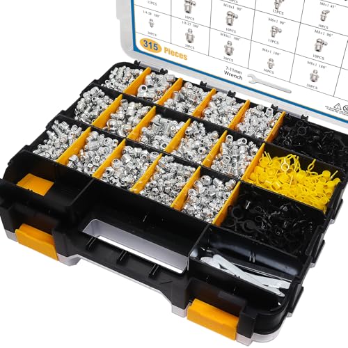 Image of 310 PCS Grease Fittings Assortment, SAE & Metric Zerk Grease Fittings Straight 45 90 Degree with Plastic Grease Fitting Cap, 5 PCS Wrench Kit(7-11mm) for Grease Gun Included