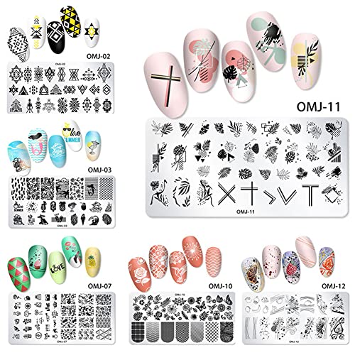 Valentine's 6 Pcs Nail Art Stamping Templates Set With 1 Silicone Stamper & 1 Scraper, Lace Flower Butterfly Summer Holiday Manicure Tools For Diy Nail Art Designs (Geometric) #TOP1