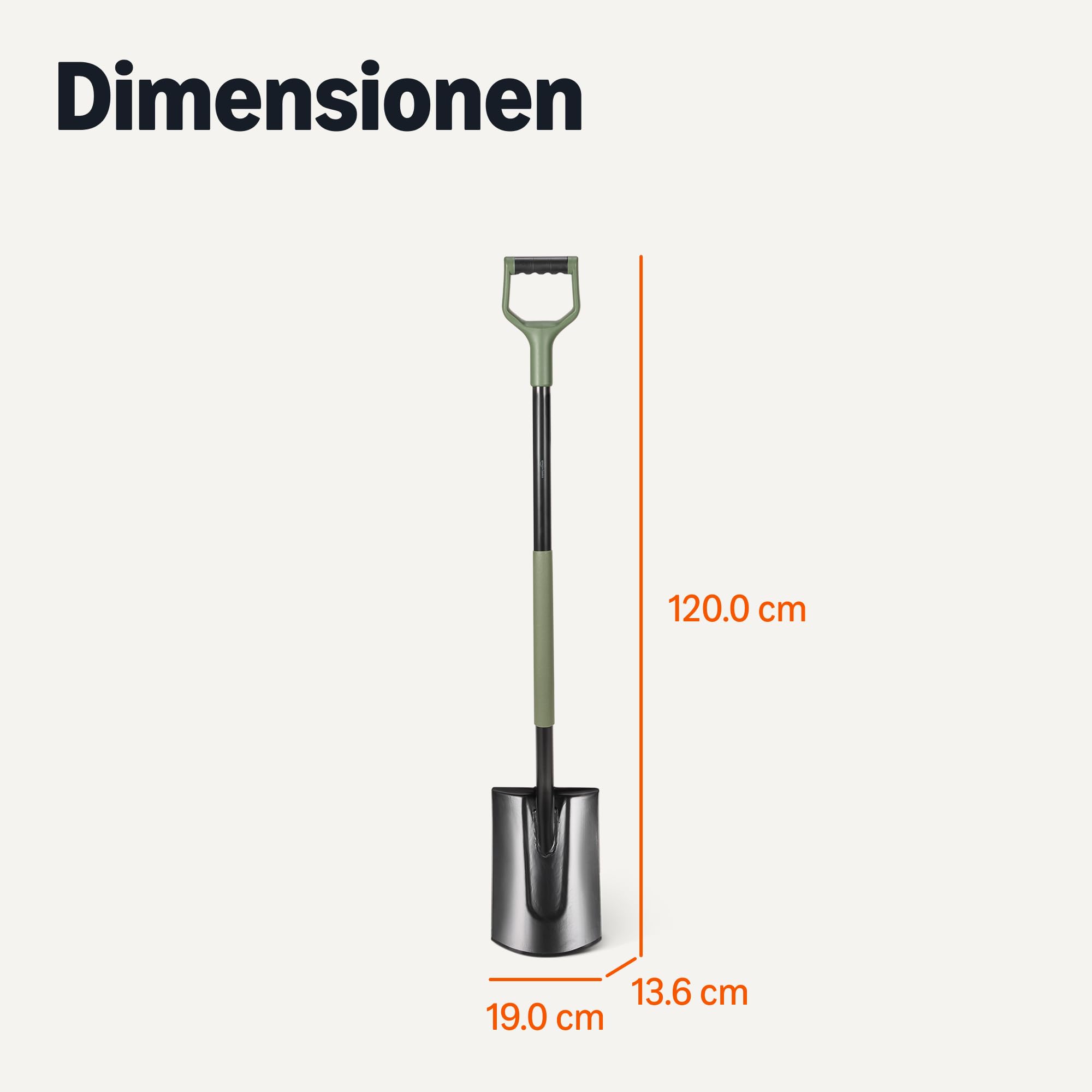 Amazon Basics Gartenschaufel zum Graben und Kantenbearbeiten, Flachspaten, D-Griff, 120,0 x 19,0 x 13,6 cm, Schwarz/Olivgrün