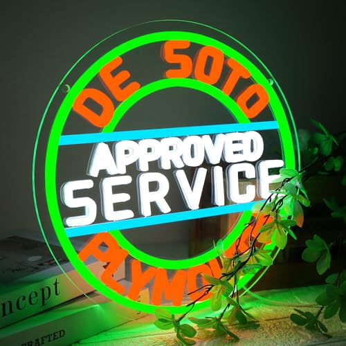Image of WonderfulLife De Soto Approved Service Plymouth Vintage Classic Car or Automotive Repair Service Neon Sign,Dimmable Led Lights for Garage,Bright and Eye-Catching Wall Art.