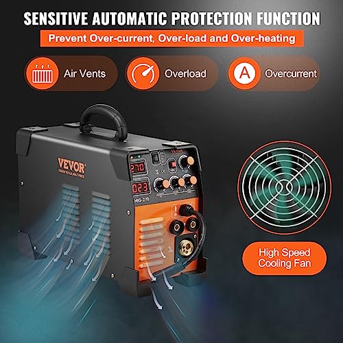 VEVOR MIG Welder, 3 in 1 270 Amp Welding Machine, 110 220V MIG Lift TIG Arc Welder, Portable Lift TIG Welder ARC Welder with IGBT DC Inverter, LCD Digital Display, Welder Torch and Welding Wire