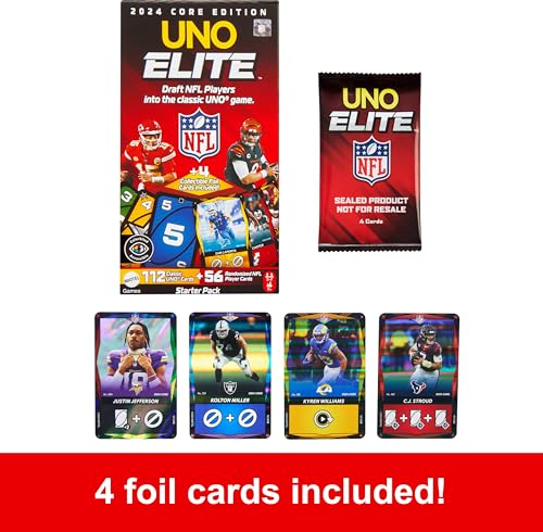Mattel Games UNO Elite NFL Kartenspiel 2024 Offiziell lizenzierte Core Edition mit 4 Sammelfolienkarten mit Teamspielern – Bild 6