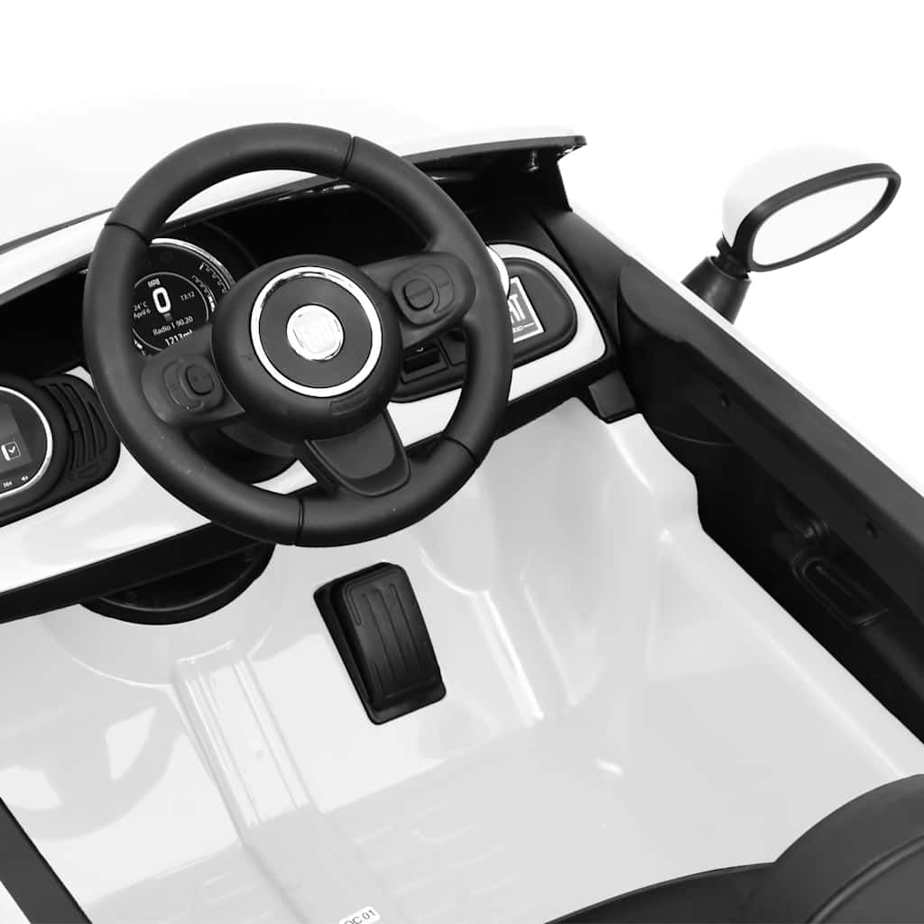 Kinder-Elektroauto FIAT 500 Weiß Kunststoff mit LED-Frontlicht 113x67,5x53 cm für 3-6 Jahre 30 W Motor 2-3 km/h Geschwindigkeit mit Musik und Sicherheitsgurt für Garten und Wohnung