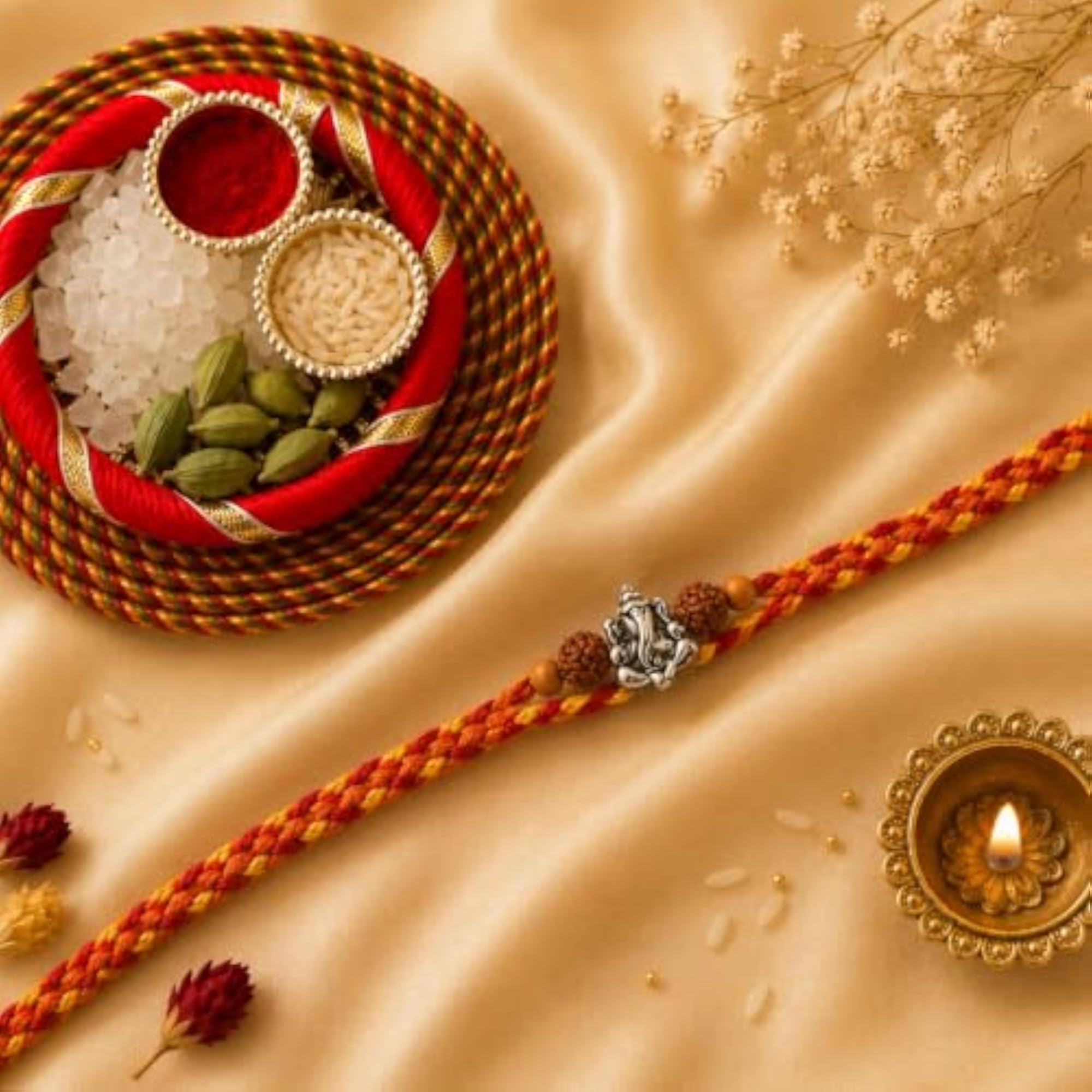 Rudraksh Ganesha Silver Rakhi for Brother with Roli Chawal