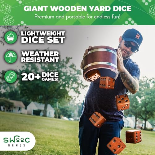 Swooc Games® - Yardzee, Farkle, & 20+ Giant Dice Games (All Weather) with Wood Bucket, 5 Scorecards, & Marker - Yard Dice Outdoor Game for Family - Giant Backyard Game Set - Outside Jumbo Lawn Fun by SWOOC - Image 3