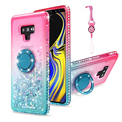 CEUTUE for Samsung Galaxy Note 9 Case, Liquid Glitter Gradient Quicksand Sparkle Bling TPU Silicone Fashion Shiny Rhinestone Cases with Diamond Ring Stand for Samsung Galaxy Note 9 (Pink and Blue)