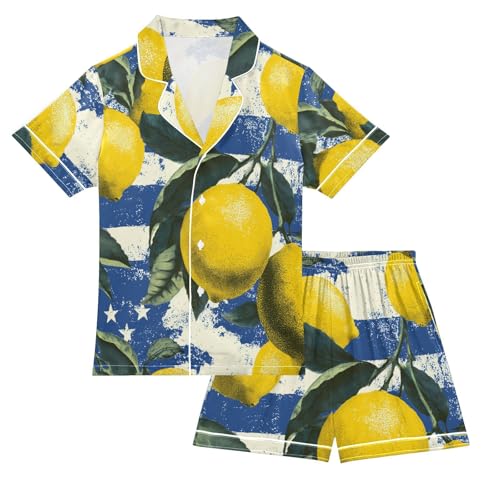 Satin Pajama Sets Short Sleeve Lemon Branches on Flag Button Down Silky Nightwear 2 Piece PJS 5Y,