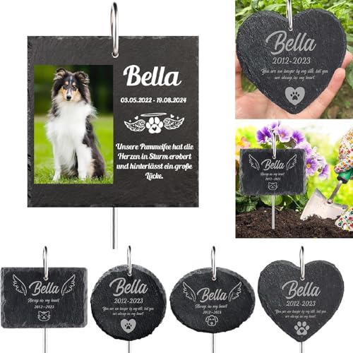 MJARTORIA Personalisiert Tiergrabstein Grabstein Hund Katze Grabplatte Grabstecker mit Gravur, Individuelles Grabschmuck Wetterfest Herz Grab Gedenkstein mit Namen Datum (Schwarz Quadrat mit Foto)