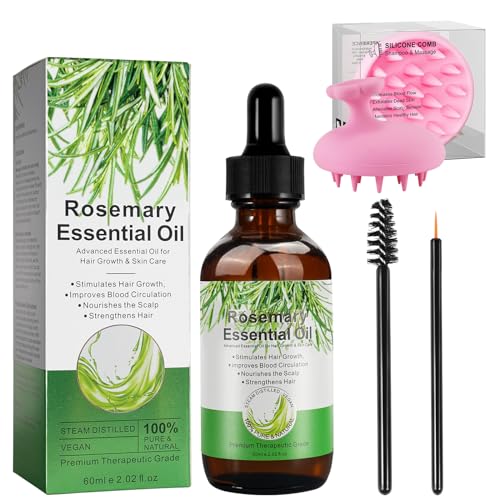 Aceite de Romero Para el Cabello con Peine de Masaje, Aceite esencial de romero para el crecimiento 60ml, 100% puro aceite romero cabello, estimula crecimiento cabello