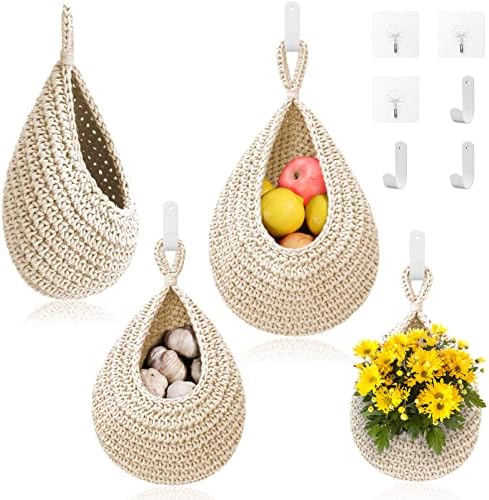 Hanging Fruit Baskets for Kitchen - 3 Pack Boho Wall Hanging Basket with 6 Pcs Strong Hooks, Handwoven Hanging Holder Teardrop Home Produce Basket for Fruits Vegetable Potato Onion Storage (White)