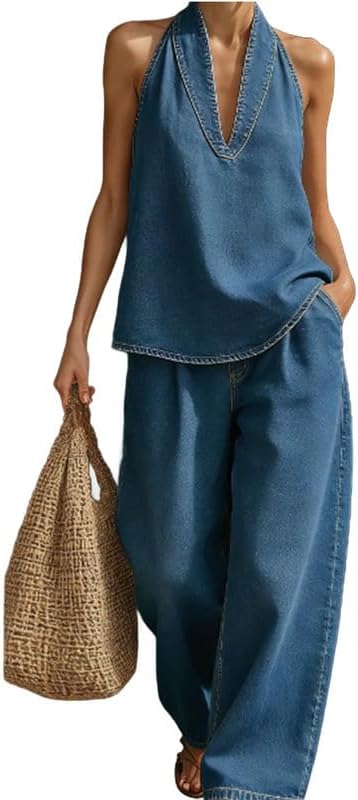 Women's Fashion Halter Denim Sets Solid Color Tank Top Wide Leg Pants Two Piece Outfit Daily Chic Sets Spring Summer