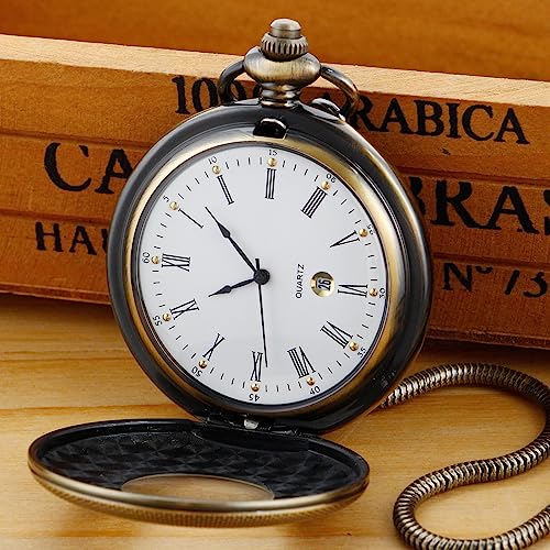 Realpoo Bronze Hollow Roman Digital Pocket Watch Cover For Men, Calendar Roman Dial Men's Quartz Pocket Watch With Chain-Bronze #TOP4