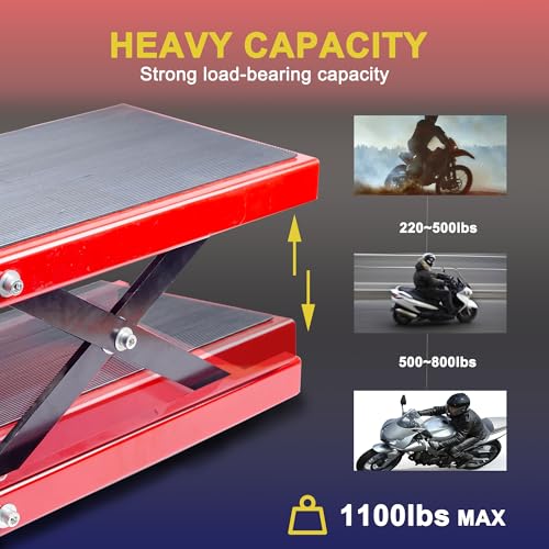 Image of Motorcycle Lift Scissor Jack, Motorbike Jack with 1100lb Capacity Wide Deck Motorcycle Center Stand, Steel Scissor Jack for Street Bikes, Cruiser Bikes, Touring Motorcycles, Red