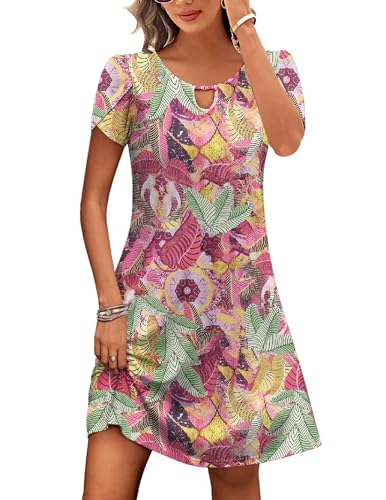 HOTOUCH Women's Loose Sundress Short Sleeve T-Shirt Dress Beach Dress with Pockets Summer Shift Dress Women Knee Length Dress Purple-Print XX-Large