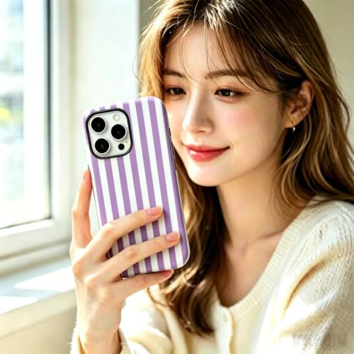 Image of for iPhone 16Pro Case Cute Phone Case,Compatible with MagSafe,Dual Layer Shockproof Protective Phone Cover,Hard Shell + Silicone Cover,Fashion Design for Women Girls,Striped Purple