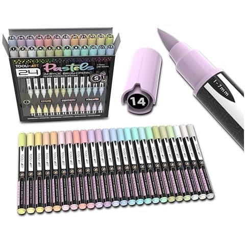 24 Flexible Brush Tip Acrylic Paint Pens Markers Set 1-7mm Line for Rock Painting, Brush Lettering, Glass, Mugs, Wood, Metal, Canvas, Fabric, Plastic Non Toxic Waterbased Quick Drying Assorted Pastel Cover