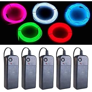 EL Wire 5 Colors, 9ft Neon Light Wire 5 Pack Noise Reduction with Battery Pack(Green, Blue, Red, White, Pink) for…