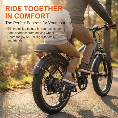 RHEOLITH Heavy Duty E-Bike Foot Pegs, Foldable Rear Pedals for Passenger, Manganese Steel Reinforced Aluminum Bike Footrests with 15mm U-Slot & Anti-Slip for E-Bike, Mountain Bike, Folding Bicycle
