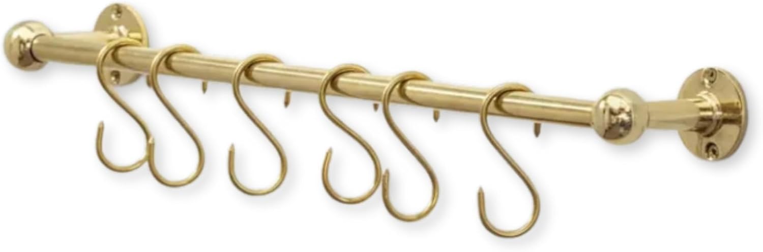 Unlacquered Solid Brass Hanging Pot Rack with S Hooks, Wall Mounted Kitchen Rail, Raw Brass Kitchen Railing for Pots, Utensils & Cookware (18" with 6 Hooks)