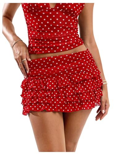 RoseSeek Women's Polka Dots Ruffle Tiered Layered Skirts Low Rise Ruched Y2K A Line Mini Skirt Red Medium