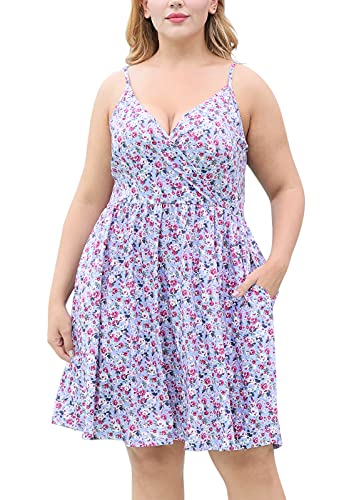 Nemidor Womens Plus Size Floral Print Spaghetti Strap Swing Wrap Dress With Pockets Nem278 (16, Violet Print) #TOP19