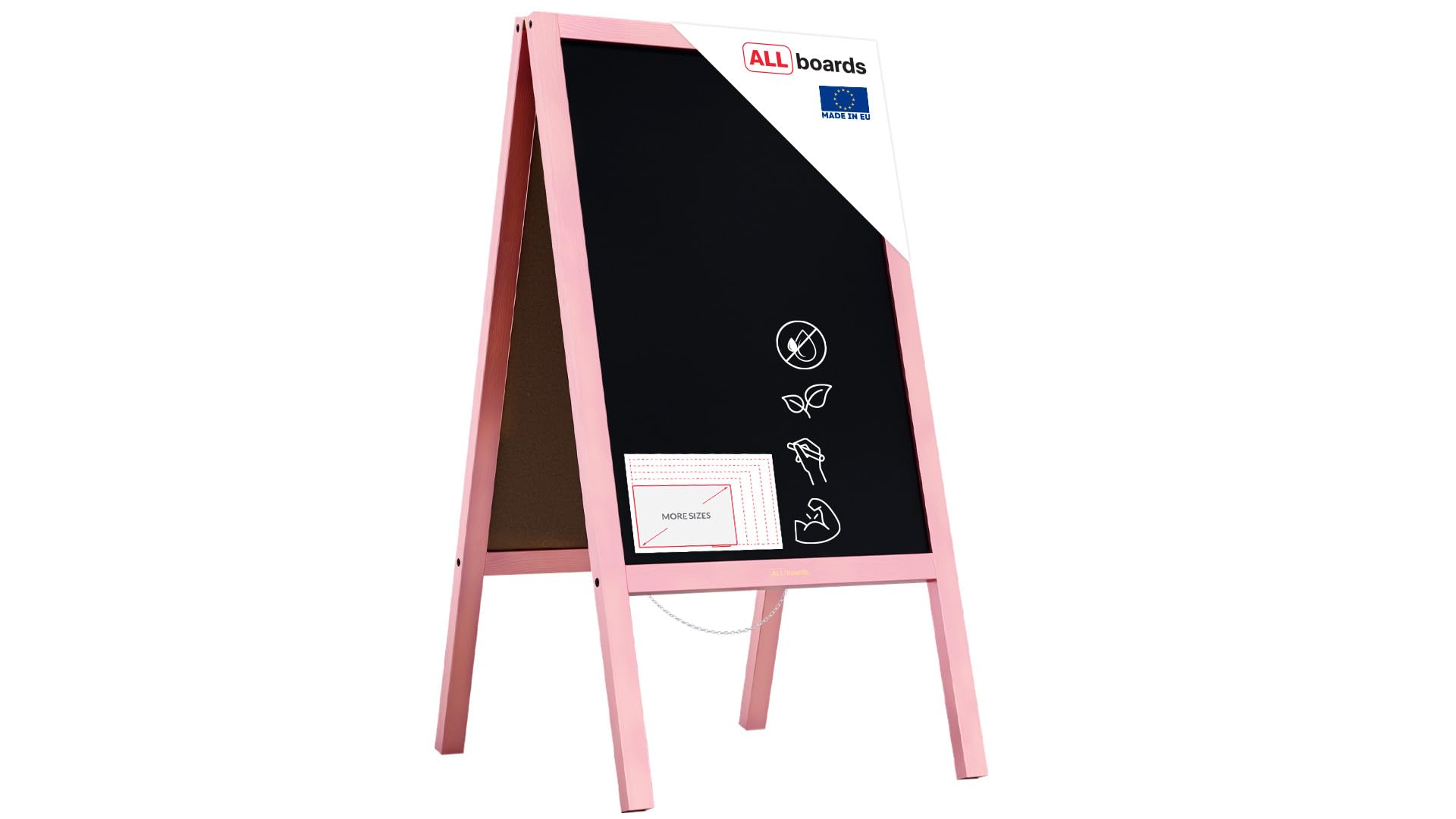 ALLboards Pavement Sign with Pink Varnished Wooden Frame 118x61cm, Sidewalk Advertising Board Chalkboard A-Frame with Chain Double Sides for Shop Pub Restaurant — image 1