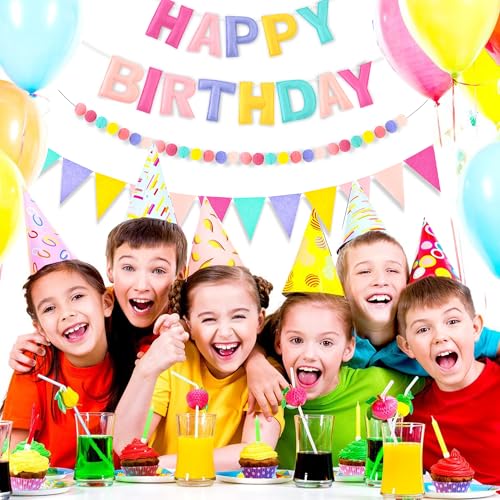 Image of CANREVEL Pre-Strung 3D Happy Birthday Banner, 3 PCS Happy Birthday Felt Garland, Pom Pom Garland, Triangle Fabric Garland Bunting, Reusable Birthday Decorations for Women Men Girls Boys, Pastel Candy
