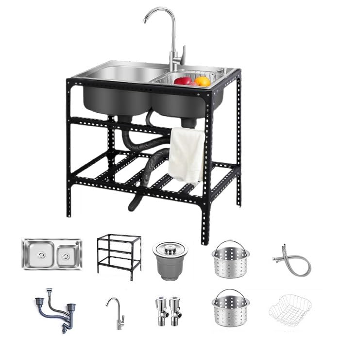 GOCHUSX Stainless Steel Sink, Freestanding Double Bowl Sink with Support and Various Accessories, Integrated Stainless Steel Sink for Kitchens, Bathrooms, Laundry Room(80x45x75cm)