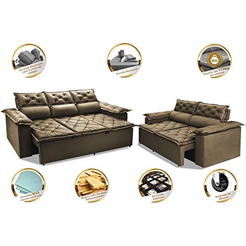 Conjunto de Sofá 3 e 2 Lugares Retrátil e Reclinável Cama Inbox Compact 2,00x1,50m Velusoft Castor