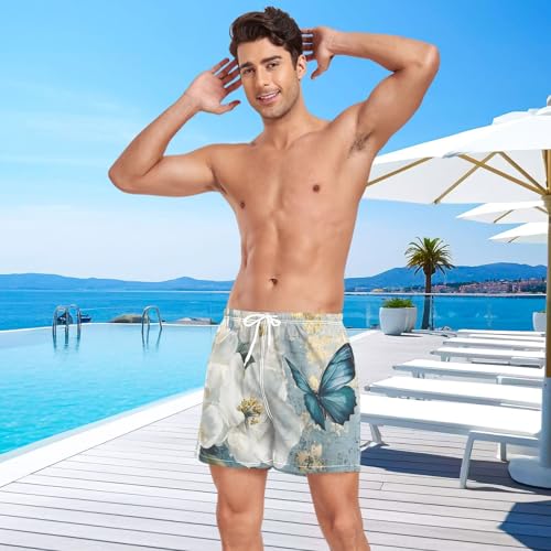 Butterfly Floral White Retro Mens Swim Trunks with Liner, Cool Quick Dry Beach Swim Shorts, Swimwear Bathing Suits S4