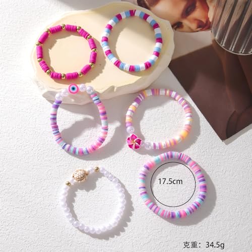 Bohemia Surfer Heishi Bead Bracelets Set Y2k Star Flower Charms Pearl Bracelets Sea Turtle Evil Eye Colorful Clay Beaded Stretch Bracelet for Women Summer Beach Jewelry Gifts2