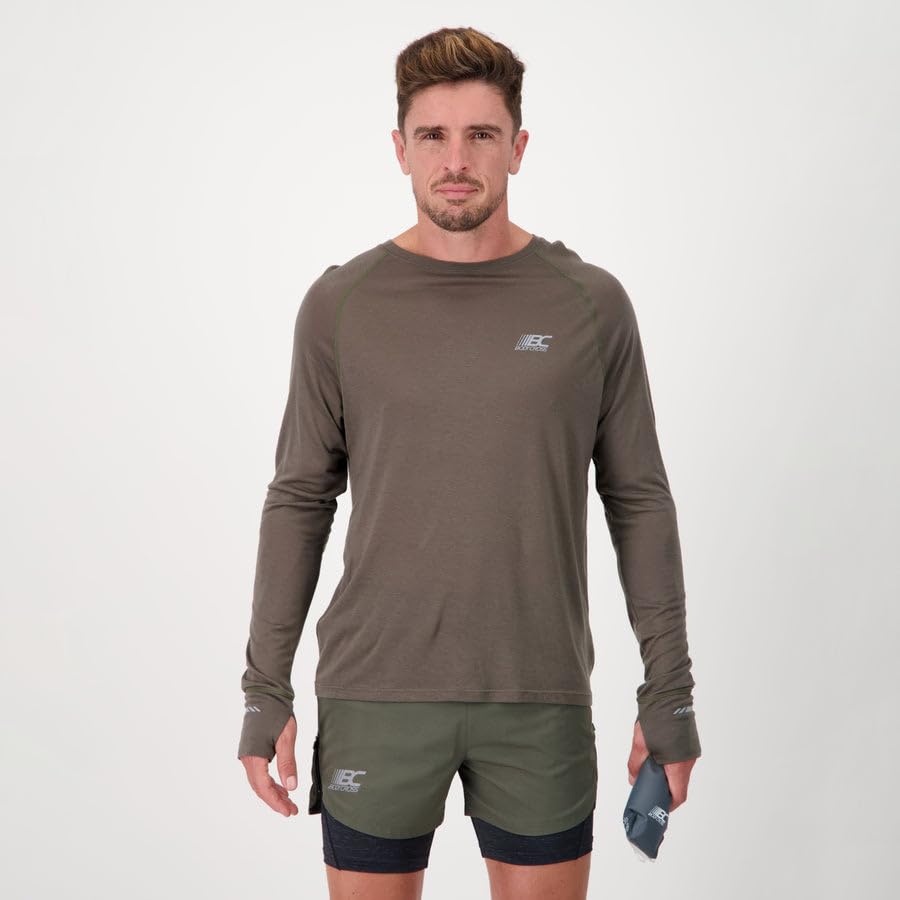 BODYCROSS męska wełniana koszulka do biegania Miky Khaki - Tencel - termoregulacja, lekkość, komfort, widoczność, przepustka kciuk