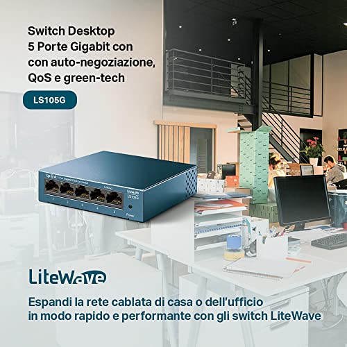 Tp-Link Ls105G Switch Ethernet 5 Porte Gigabit, Sdoppiatore Ethernet, Struttura In Metallo, 802.1P/Dscp Qos, Funzionamento Silenzioso, Montaggio Desktop, Blu, ‎9.98 x 9.8 x 2.5 cm; 190 grammi