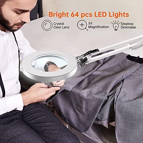 5X Magnifying Lamp, BEIGAON Desk Magnifying Glass with Light, 3 Color Modes, 10 Brightness Levels, Adjustable Swivel Arm Magnifier Lamp for Reading/Craft/Close Work, 104mm Diameter Glass Lens-White