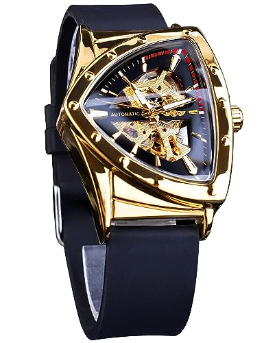 Image of FORSINING Silicone,Rubber Mens Winner Gold Skeleton Triangle Watch Man Automatic Wristwatch Luxury Military Mechanical Analog Watches Transparent Cover Outdoor Clock