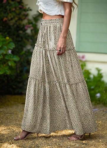 Image of Lepunuo Womens Casual Boho High Waisted Flowy Maxi Skirts Tiered Floral Long Skirts with Pockets for Summer Beach Vacation