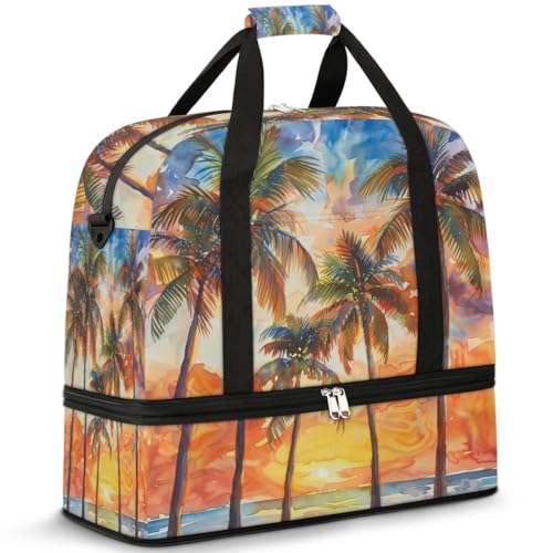Travel Duffel Bag with Shoe Compartment, Sunset Palm Trees Shoulder Weekender Bags for Women, Foldable Waterproof Travel Bag Carry on Bag